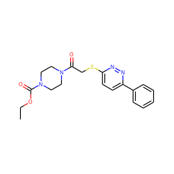 CCOC(=O)N1CCN(C(=O)CSc2ccc(-c3ccccc3)nn2)CC1 ZINC000004355404