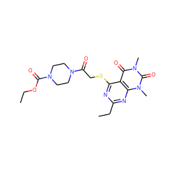 CCOC(=O)N1CCN(C(=O)CSc2nc(CC)nc3c2c(=O)n(C)c(=O)n3C)CC1 ZINC000011758062