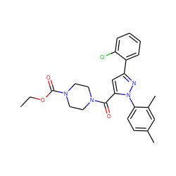 CCOC(=O)N1CCN(C(=O)c2cc(-c3ccccc3Cl)nn2-c2ccc(C)cc2C)CC1 ZINC000035726204