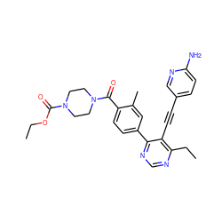 CCOC(=O)N1CCN(C(=O)c2ccc(-c3ncnc(CC)c3C#Cc3ccc(N)nc3)cc2C)CC1 ZINC000167395062