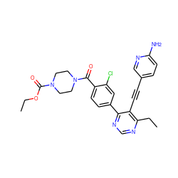 CCOC(=O)N1CCN(C(=O)c2ccc(-c3ncnc(CC)c3C#Cc3ccc(N)nc3)cc2Cl)CC1 ZINC000148707664