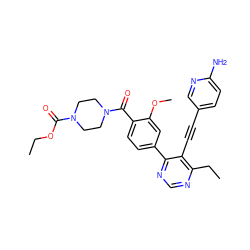 CCOC(=O)N1CCN(C(=O)c2ccc(-c3ncnc(CC)c3C#Cc3ccc(N)nc3)cc2OC)CC1 ZINC000148821429