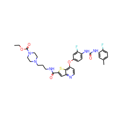 CCOC(=O)N1CCN(CCCNC(=O)c2cc3nccc(Oc4ccc(NC(=O)Nc5cc(C)ccc5F)c(F)c4)c3s2)CC1 ZINC000220015125