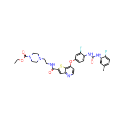 CCOC(=O)N1CCN(CCNC(=O)c2cc3nccc(Oc4ccc(NC(=O)Nc5cc(C)ccc5F)c(F)c4)c3s2)CC1 ZINC000220015045