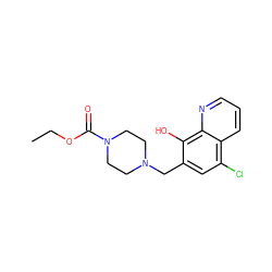 CCOC(=O)N1CCN(Cc2cc(Cl)c3cccnc3c2O)CC1 ZINC000019902409