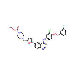 CCOC(=O)N1CCN(Cc2ccc(-c3ccc4ncnc(Nc5ccc(OCc6cccc(F)c6)c(Cl)c5)c4c3)o2)CC1 ZINC000096937290