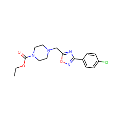 CCOC(=O)N1CCN(Cc2nc(-c3ccc(Cl)cc3)no2)CC1 ZINC000020027259