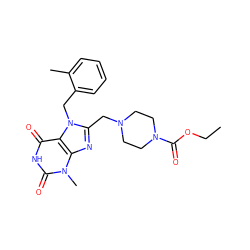 CCOC(=O)N1CCN(Cc2nc3c(c(=O)[nH]c(=O)n3C)n2Cc2ccccc2C)CC1 ZINC000020354935