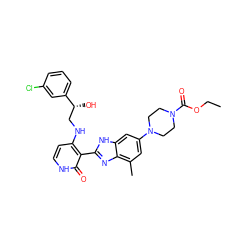 CCOC(=O)N1CCN(c2cc(C)c3nc(-c4c(NC[C@@H](O)c5cccc(Cl)c5)cc[nH]c4=O)[nH]c3c2)CC1 ZINC000049802266