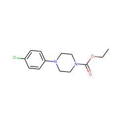 CCOC(=O)N1CCN(c2ccc(Cl)cc2)CC1 ZINC000001560205