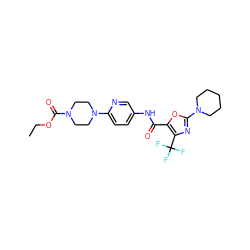 CCOC(=O)N1CCN(c2ccc(NC(=O)c3oc(N4CCCCC4)nc3C(F)(F)F)cn2)CC1 ZINC000096286515