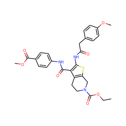 CCOC(=O)N1CCc2c(sc(NC(=O)Cc3ccc(OC)cc3)c2C(=O)Nc2ccc(C(=O)OC)cc2)C1 ZINC000008387390