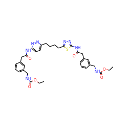 CCOC(=O)NCc1cccc(CC(=O)Nc2ccc(CCCCc3nnc(NC(=O)Cc4cccc(CNC(=O)OCC)c4)s3)nn2)c1 ZINC000169698502