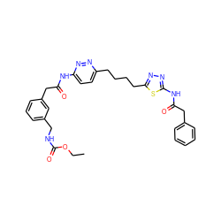 CCOC(=O)NCc1cccc(CC(=O)Nc2ccc(CCCCc3nnc(NC(=O)Cc4ccccc4)s3)nn2)c1 ZINC000169698281