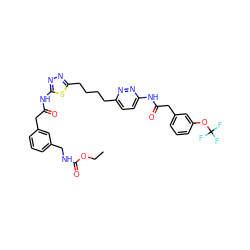 CCOC(=O)NCc1cccc(CC(=O)Nc2nnc(CCCCc3ccc(NC(=O)Cc4cccc(OC(F)(F)F)c4)nn3)s2)c1 ZINC000169698556