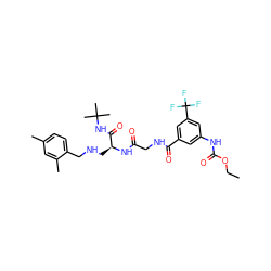 CCOC(=O)Nc1cc(C(=O)NCC(=O)N[C@@H](CNCc2ccc(C)cc2C)C(=O)NC(C)(C)C)cc(C(F)(F)F)c1 ZINC000028952464