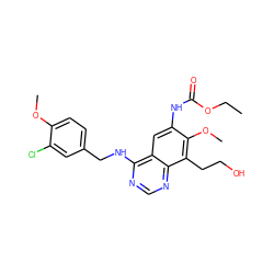 CCOC(=O)Nc1cc2c(NCc3ccc(OC)c(Cl)c3)ncnc2c(CCO)c1OC ZINC000045367434