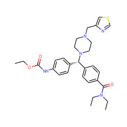 CCOC(=O)Nc1ccc([C@@H](c2ccc(C(=O)N(CC)CC)cc2)N2CCN(Cc3cscn3)CC2)cc1 ZINC000073168077