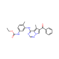 CCOC(=O)Nc1ccc(C)c(Nc2ncnn3cc(C(=O)c4ccccc4)c(C)c23)c1 ZINC000003819149