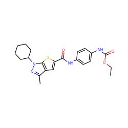 CCOC(=O)Nc1ccc(NC(=O)c2cc3c(C)nn(C4CCCCC4)c3s2)cc1 ZINC000114712047