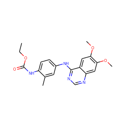 CCOC(=O)Nc1ccc(Nc2ncnc3cc(OC)c(OC)cc23)cc1C ZINC000084587178