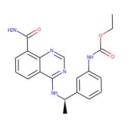 CCOC(=O)Nc1cccc([C@@H](C)Nc2ncnc3c(C(N)=O)cccc23)c1 ZINC000114344260