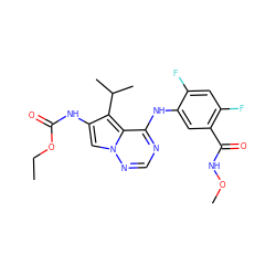 CCOC(=O)Nc1cn2ncnc(Nc3cc(C(=O)NOC)c(F)cc3F)c2c1C(C)C ZINC000013645283