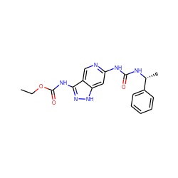 CCOC(=O)Nc1n[nH]c2cc(NC(=O)N[C@H](C)c3ccccc3)ncc12 ZINC000210742588