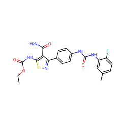 CCOC(=O)Nc1snc(-c2ccc(NC(=O)Nc3cc(C)ccc3F)cc2)c1C(N)=O ZINC000207784932