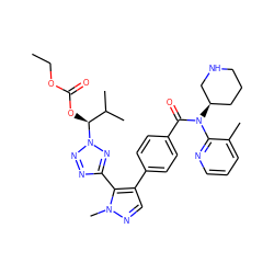 CCOC(=O)O[C@@H](C(C)C)n1nnc(-c2c(-c3ccc(C(=O)N(c4ncccc4C)[C@@H]4CCCNC4)cc3)cnn2C)n1 ZINC001772581290