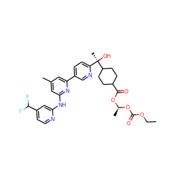 CCOC(=O)O[C@@H](C)OC(=O)C1CCC([C@](C)(O)c2ccc(-c3cc(C)cc(Nc4cc(C(F)F)ccn4)n3)cn2)CC1 ZINC000205414243