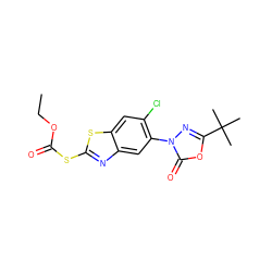 CCOC(=O)Sc1nc2cc(-n3nc(C(C)(C)C)oc3=O)c(Cl)cc2s1 ZINC000082153184