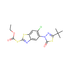 CCOC(=O)Sc1nc2cc(-n3nc(C(C)(C)C)sc3=O)c(Cl)cc2s1 ZINC000082151629