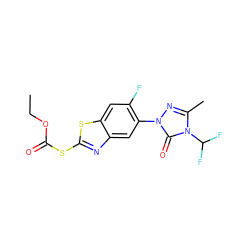 CCOC(=O)Sc1nc2cc(-n3nc(C)n(C(F)F)c3=O)c(F)cc2s1 ZINC000103199248