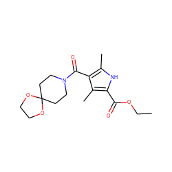 CCOC(=O)c1[nH]c(C)c(C(=O)N2CCC3(CC2)OCCO3)c1C ZINC000000253532