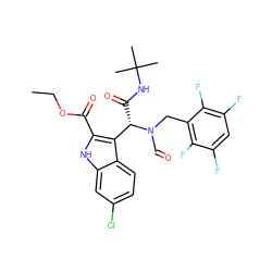 CCOC(=O)c1[nH]c2cc(Cl)ccc2c1[C@H](C(=O)NC(C)(C)C)N(C=O)Cc1c(F)c(F)cc(F)c1F ZINC000113883538