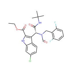 CCOC(=O)c1[nH]c2cc(Cl)ccc2c1[C@H](C(=O)NC(C)(C)C)N(C=O)Cc1c(F)cccc1F ZINC000113881945