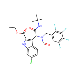 CCOC(=O)c1[nH]c2cc(Cl)ccc2c1[C@H](C(=O)NC(C)(C)C)N(C=O)Cc1cc(F)c(F)c(F)c1F ZINC000113885326