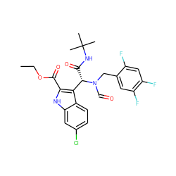 CCOC(=O)c1[nH]c2cc(Cl)ccc2c1[C@H](C(=O)NC(C)(C)C)N(C=O)Cc1cc(F)c(F)cc1F ZINC000113880710