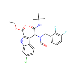 CCOC(=O)c1[nH]c2cc(Cl)ccc2c1[C@H](C(=O)NC(C)(C)C)N(C=O)Cc1cccc(F)c1F ZINC000113883904