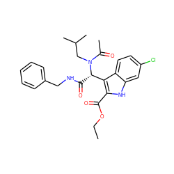 CCOC(=O)c1[nH]c2cc(Cl)ccc2c1[C@H](C(=O)NCc1ccccc1)N(CC(C)C)C(C)=O ZINC000113885084