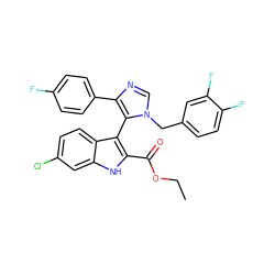 CCOC(=O)c1[nH]c2cc(Cl)ccc2c1-c1c(-c2ccc(F)cc2)ncn1Cc1ccc(F)c(F)c1 ZINC001772570852