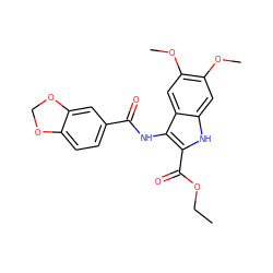 CCOC(=O)c1[nH]c2cc(OC)c(OC)cc2c1NC(=O)c1ccc2c(c1)OCO2 ZINC000002394733