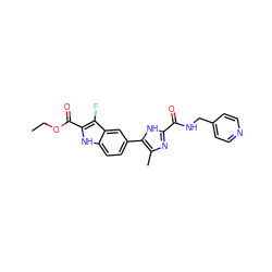 CCOC(=O)c1[nH]c2ccc(-c3[nH]c(C(=O)NCc4ccncc4)nc3C)cc2c1F ZINC000115832484