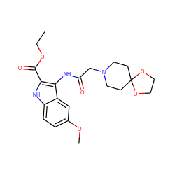 CCOC(=O)c1[nH]c2ccc(OC)cc2c1NC(=O)CN1CCC2(CC1)OCCO2 ZINC000082063150