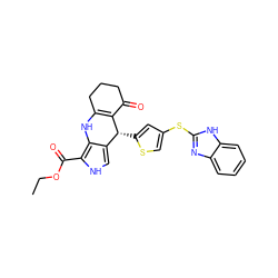 CCOC(=O)c1[nH]cc2c1NC1=C(C(=O)CCC1)[C@@H]2c1cc(Sc2nc3ccccc3[nH]2)cs1 ZINC000299868921