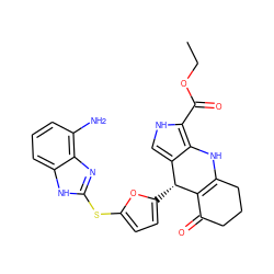 CCOC(=O)c1[nH]cc2c1NC1=C(C(=O)CCC1)[C@@H]2c1ccc(Sc2nc3c(N)cccc3[nH]2)o1 ZINC000299870878