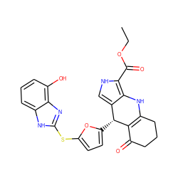 CCOC(=O)c1[nH]cc2c1NC1=C(C(=O)CCC1)[C@@H]2c1ccc(Sc2nc3c(O)cccc3[nH]2)o1 ZINC000299863094