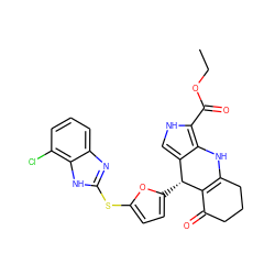 CCOC(=O)c1[nH]cc2c1NC1=C(C(=O)CCC1)[C@@H]2c1ccc(Sc2nc3cccc(Cl)c3[nH]2)o1 ZINC000299863074