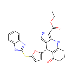 CCOC(=O)c1[nH]cc2c1NC1=C(C(=O)CCC1)[C@@H]2c1ccc(Sc2nc3ccccc3[nH]2)o1 ZINC000118038039